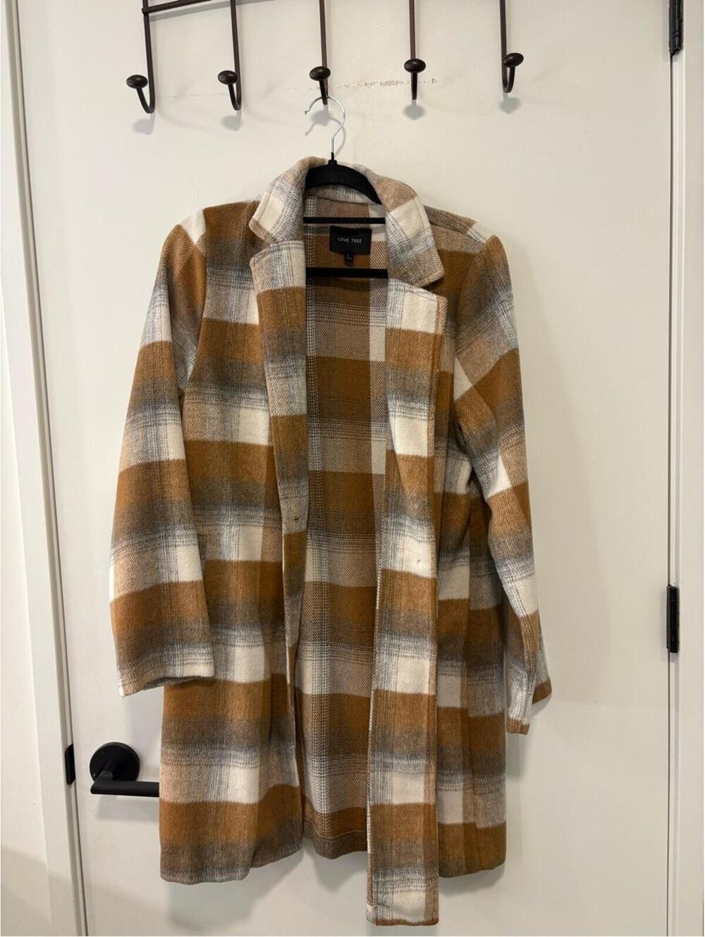 Love Tree Plaid Open-Front Coatigan in Camel, Cream & Gray